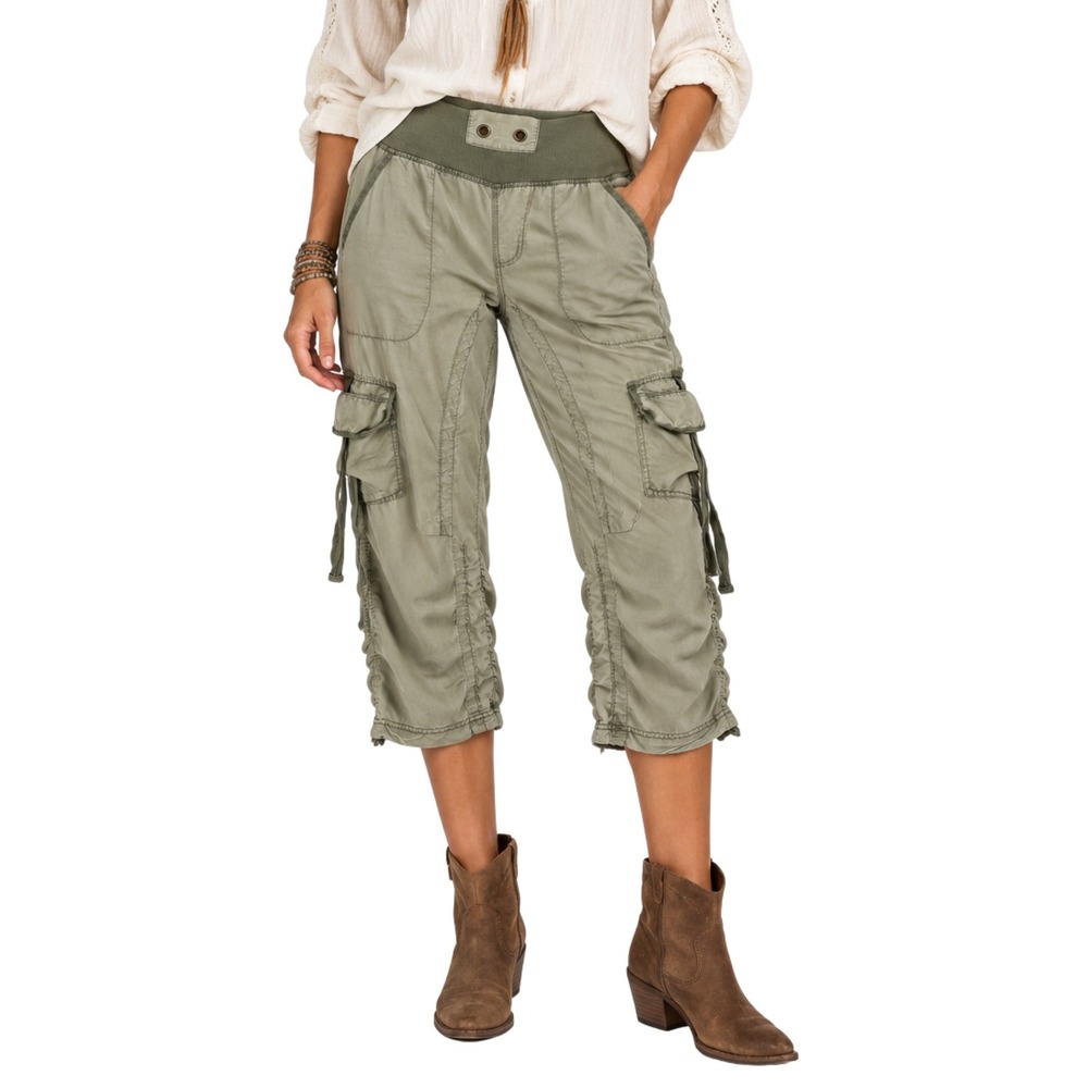 XCVI Pants Womens XS Sage Green Tencel Cargo Cropped Ruched Pull On Boho Utility